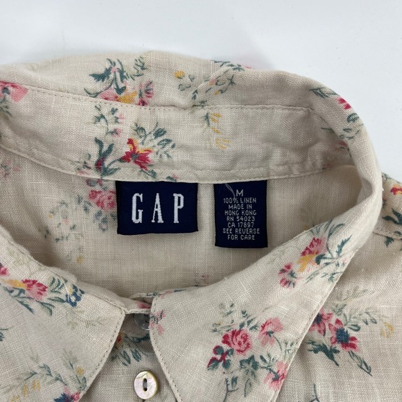 GAP Vintage Women's Beige Floral Linen Button Down Shirt‎ Fairy Cottage Core - Picture 3 of 5